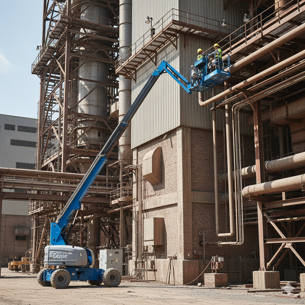 Different boom lift sizes parked and ready for rental